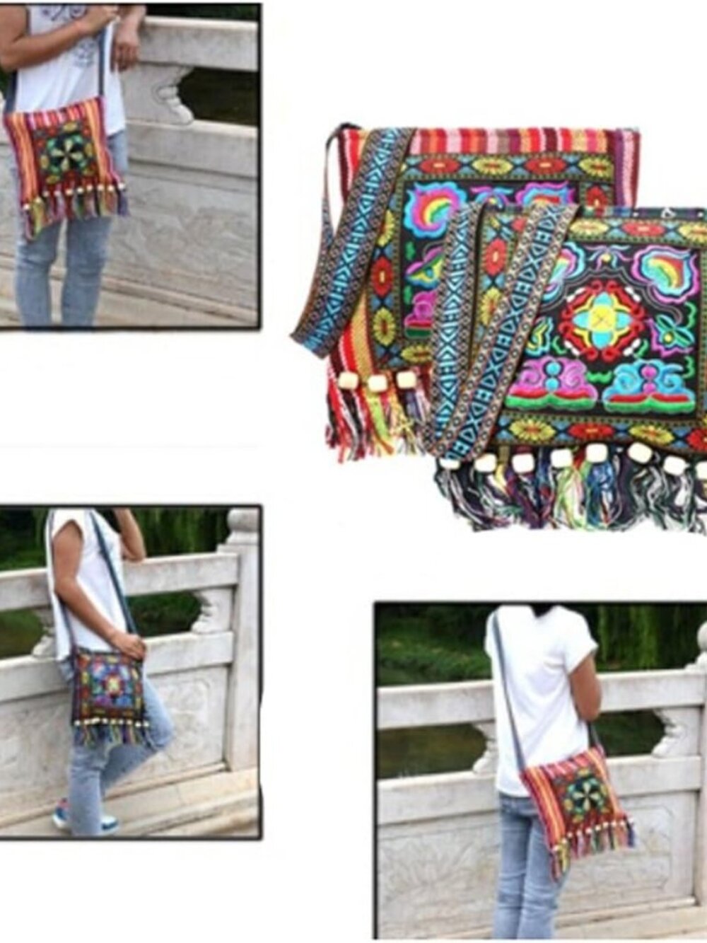 Vintage Ethnic Tribal Embroidered Tassel Sling Crossbody Boho Hippie Shoulder Ba - Picture 2 of 2